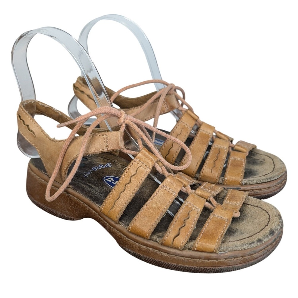 Dr Scholls Women's 7 Tan Leather Strappy Lace Up Gladiator‎ Sandals